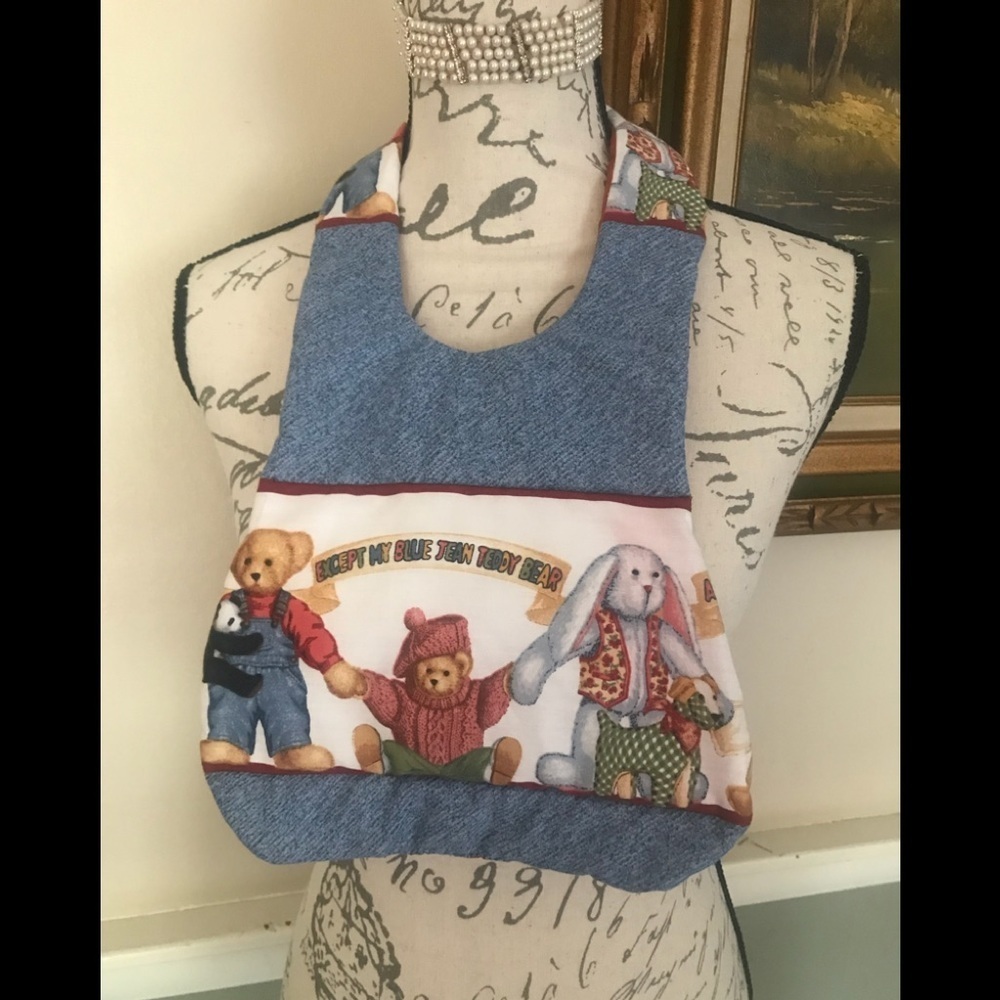 Rare Daisy Kingdom Blue Jean Teddy Bear Quilt Bib